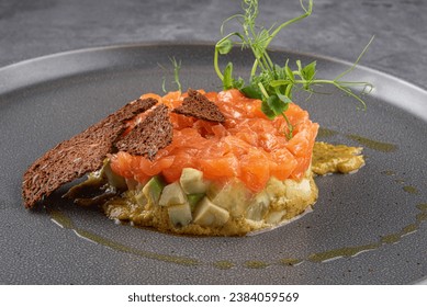 Fresh Tartare With Salmon, Avocado  on a dark background. Salmon tartare with avocado and caviar. Salmon ceviche with avocado - Powered by Shutterstock