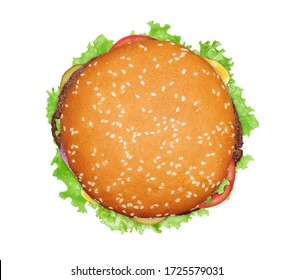 Fresh Tasty Big Burger With Cheese, Beef, Lettuce, Red Onion And Tomato Isolated On White Background. Top View