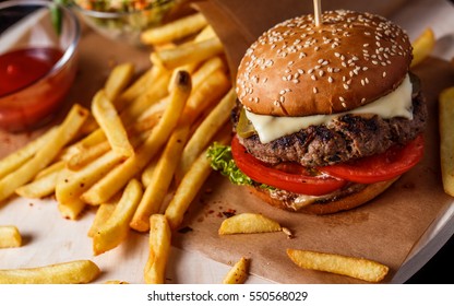 Fresh Tasty Burger And French Fries Closeup