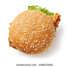 Fresh Tasty Burger With Fried Chicken Meat Isolated On White Background, Top View