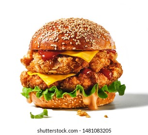 Fresh tasty burger isolated on white background. Big double cheddar cheeseburger with chicken cutlet