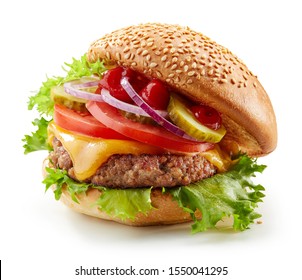fresh tasty burger isolated on white background - Shutterstock ID 1550041295