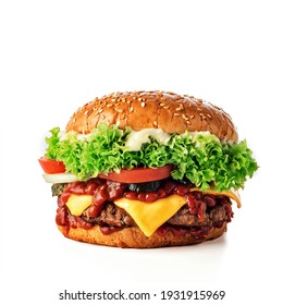 Fresh tasty burger isolated on white background - Shutterstock ID 1931915969