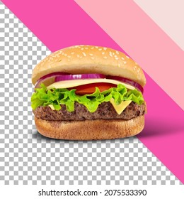 Fresh Tasty Burger Isolated On Transparent Background.