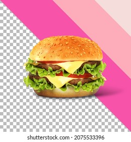 Fresh Tasty Burger Isolated On Transparent Background.