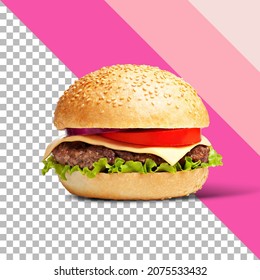 Fresh Tasty Burger Isolated On Transparent Background.