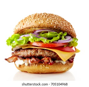 fresh tasty burger isolated on white background - Shutterstock ID 705104968