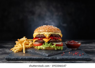 Fresh Tasty Burger On Dark Background