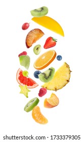 Fresh tasty fruits and berries falling on white background - Shutterstock ID 1733379305