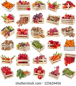 Fresh Tasty Healthy Fruits, Vegetables, Berries, Nuts In Wooden Box , Collection Set , Isolated On A White Background