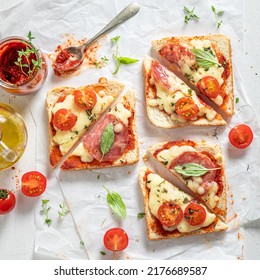 Fresh and tasty toasts with salami, tomato and cheese. Crispy toasts with salami and cheese.