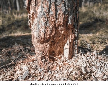Fresh Teeth Marks on a Pine Trunk, the Tree Stands Unbroken