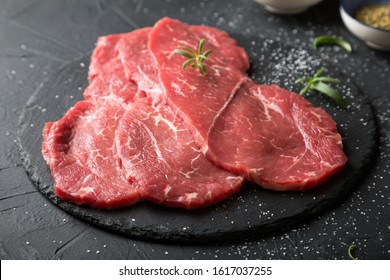 Fresh, thin beef steak with spices