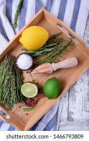 Fresh Thyme, Pepper Peas, Sea Salt And Lime On Wooden Tray. Ingredients For Making Marinade