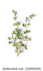 Fresh thyme sprig herbs isolated on white background. Top view. Flat lay. - Shutterstock ID 2118924194