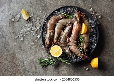 Fresh tiger prawns in a black plate with lemon, rosemary and crushed ice, top view with copy space.