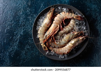  Fresh tiger prawns in a black plate with crushed ice on dark blue background, top view with copy space.