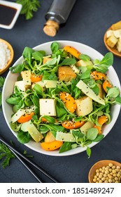 Fresh Tofu Salad With Sesame Seeds, Corn Salad, Apricote And Bamboo In The Bowl
