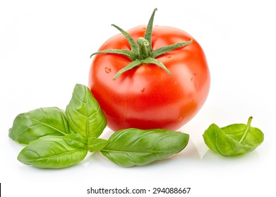 Fresh Tomato And Basil Leaf Isolated On White Background