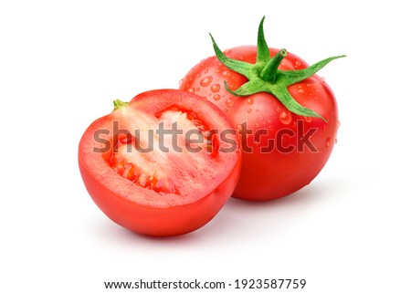 Fresh tomato with cut in half and water droplets isolated on white background. 