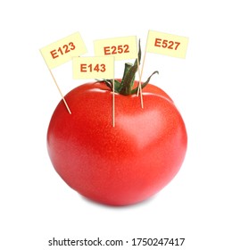 Fresh Tomato With E Numbers Isolated On White. Harmful Food Additives 