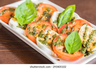 Fresh Tomato Mozzarella Cheese Salad With Freen Basil Leaf