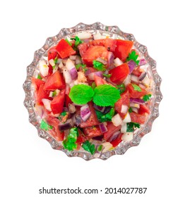 Fresh Tomato Salsa, with Marinated Black Peppers, Pickled Red onions, and lime Juice Decorate Leaf Mint topview