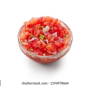 Fresh Tomato Salsa Top View Isolated On White Background