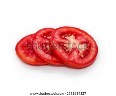 Fresh Tomato slices isolated on white background. Tomato cut slices, closeup on white. Set of fresh tomato slices. Stack of fresh tomato slices isolated on white background.