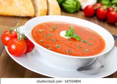 Fresh Tomato Soup In A White Bowl