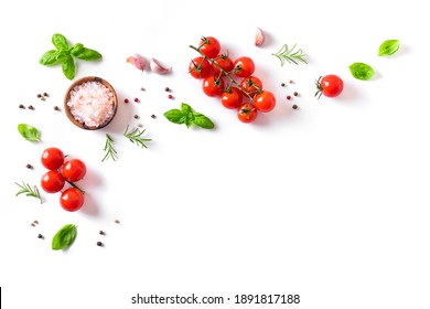 Fresh tomatoes, basil, sea salt and spices isolated on white background. Healthy food and vegan raw eating concept, creative flat lay. - Shutterstock ID 1891817188