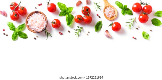 Fresh tomatoes, basil, sea salt and spices banner isolated on white background. Healthy food and vegan raw eating concept, creative flat lay. - Shutterstock ID 1892231914
