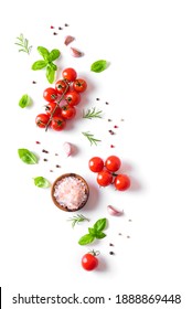 Fresh Tomatoes, Basil And Spices Isolated On White Background. Healthy Food And Vegan Raw Eating Concept, Creative Flat Lay.