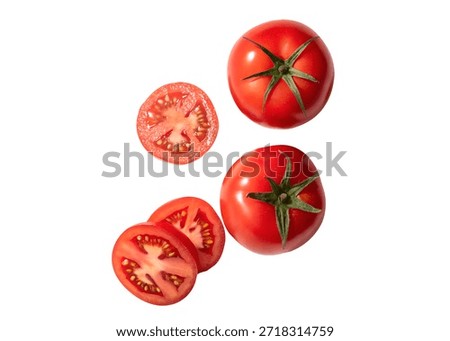 Fresh Tomatoes Slices and Leaf Flat Lay isolated on Transparent Background