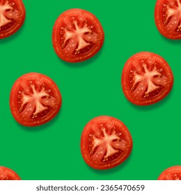 Fresh Tomatoes Slices Seamless Pattern on green Background. Photorealistic. Sweet Sour Sauce. Pizza, Burger, Sandwich, Pasta Food Ingredients.  - Powered by Shutterstock