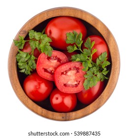 Fresh Tomatoes In Wood Bowl On White Background. Top View.