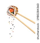Fresh traditional japanese sushi with salmon and sesame between chopsticks, isolated on white background