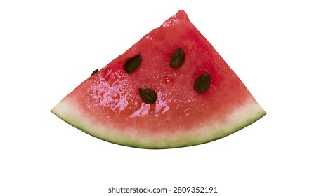 Fresh triangular slice of ripe red watermelon with black seeds