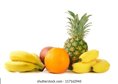 Fresh Tropical Fruits: Banana, Mango,  Pineapple, Orange,  Isolated On White Background