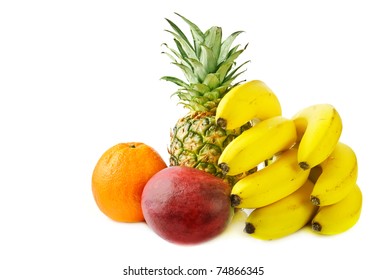 Fresh Tropical Fruits: Banana, Mango,  Pineapple Isolated On White Background