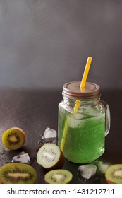 Fresh Tropical Kiwi Fruit Half Berries With Glass Natural Homemade Vegan Cocktail Juice With Chia Seeds On The Dark Background Veggie Table. Concept  Sober  Living – Image