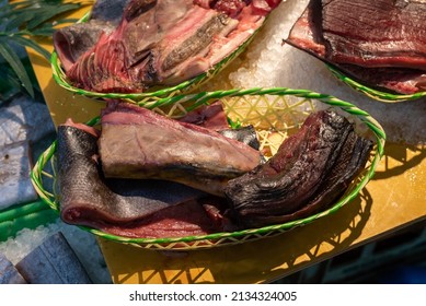 Fresh Tuna Black And Red Meat For Sale At An Asian Wet Market. 