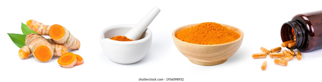 Fresh Turmeric rhizome with green leaves ( curcumin, Curcuma longa Linn ), curcumin powder in ceramic mortar and wooden bowl with medicine capsule pill in brown bottle isolated on white background. 