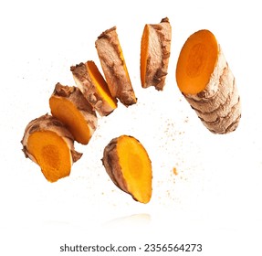 Fresh turmeric root falling in the air isolated on white background. Food levitation conception. High resolution image. - Powered by Shutterstock