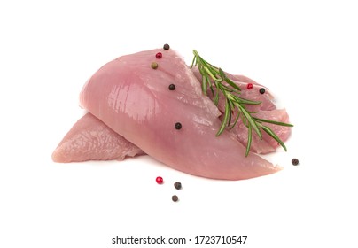 Fresh Uncooked Chicken Breast Meat, Dietary Poultry Tenderloin Without Fat. Macro Shot Of Boneless Raw Turkey Fillet Isolated On White Background Side View.