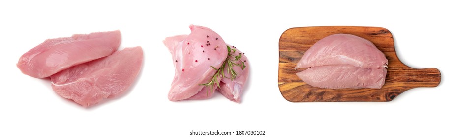 Fresh Uncooked Chicken Breast Meat Collection, Dietary Poultry Tenderloin Without Fat. Set Of Boneless Raw Turkey Fillet Isolated On White Background