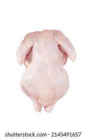 Fresh Uncooked Chicken Isolated On White Background. Whole Raw Broiler Hen With Skin For Cooking. Top View.