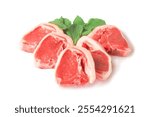 Fresh uncooked lamb loin chops and mint leaf on white background. High quality meat product cut by butcher in perfect size for cooking. Food supply chain and agriculture industry.