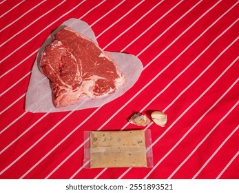 Fresh uncooked T bone steak on heart shaped cooking paper and garlic cloves and pouch with sauce on classic red and white stripe table cloth. High quality beef meat product. Butcher craft. - Powered by Shutterstock