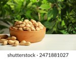 Fresh unpeeled peanuts in bowl on white table against blurred background, space for text